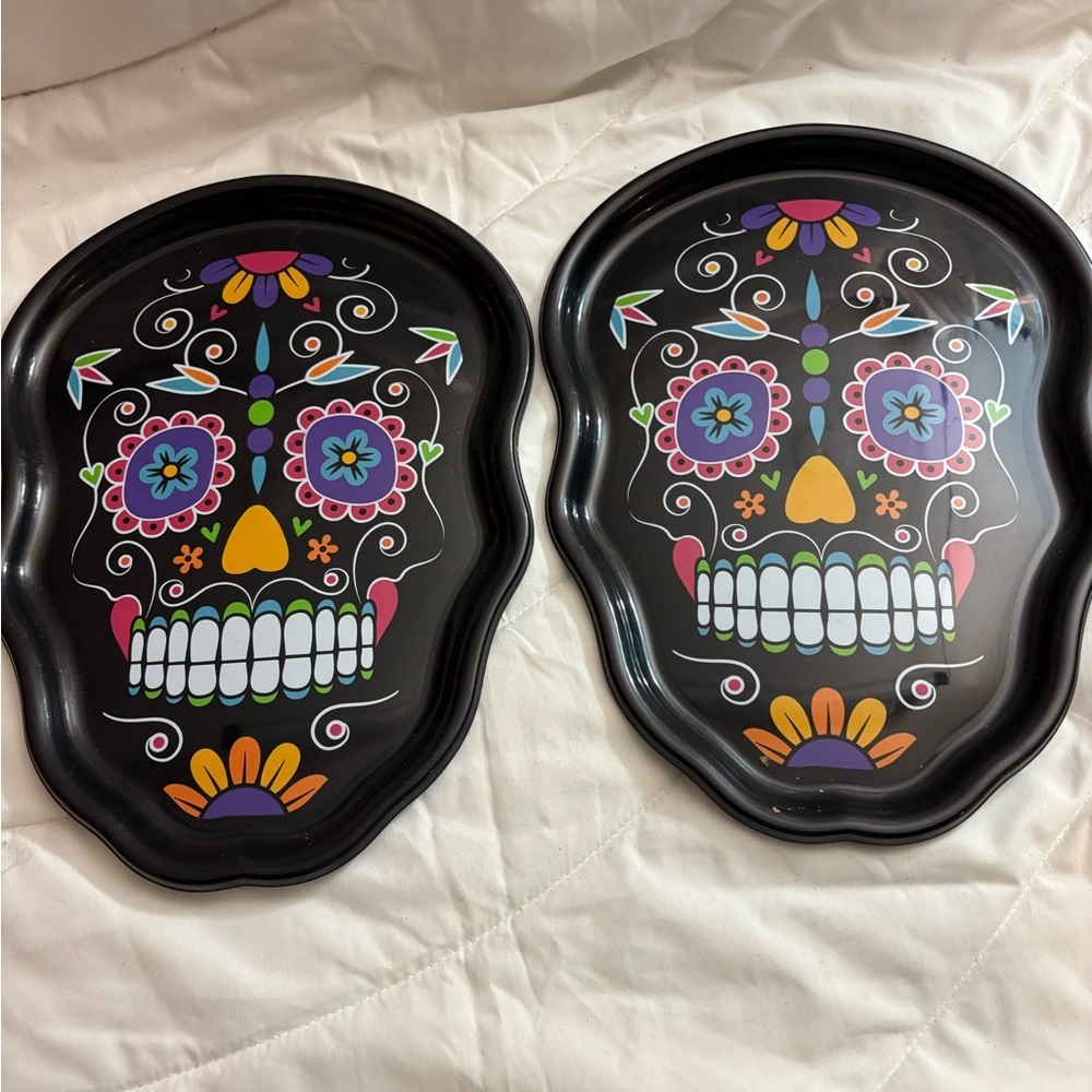 Set Of 2 Day of the Dead Sugar Skull Design 14.5" Long Plastic Serving Tray